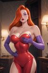  1girl angry bare_shoulders big_breasts breast_grab breasts cameltoe cleavage collarbone disney dress earrings elbow_gloves eyeshadow female_only female_solo gloves gold_earrings gold_jewelry grabbing grabbing_own_breast green_eyes hair_over_one_eye half-closed_eyes hand_on_hip hand_up indoors jessica_rabbit jewelry lamp legs light-skinned_female light_skin lips lipstick long_dress long_hair looking_at_viewer makeup neck orange_hair parted_lips purple_eyeshadow purple_gloves red_dress red_lipstick serious side_slit standing straight_hair strapless strapless_dress thick_lips thighs who_framed_roger_rabbit xalphafox xalphafox_(artist) 