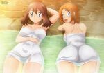  2_girls alluring arm_behind_head arm_up ass big_breasts blue_eyes blush brown_hair collarbone from_behind looking_at_viewer looking_back lying may may_(pokemon) multiple_girls naked_towel nintendo on_back on_stomach onsen open_mouth orange_hair partially_submerged pokemon pokemon_colosseum pokemon_ruby/sapphire/emerald rui_(pokemon) short_hair smile steam teeth towel water wet zel-sama 