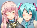 2girls big_breasts blush breasts closed_eyes green_hair hair hatsune_miku large_breasts megurine_luka miku_hatsune miyamaya multiple_girls pink_hair twin_tails twintails vocaloid