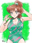  1girl 1girl adult_swim alluring bikini bishoujo_senshi_sailor_moon bishoujo_senshi_sailor_moon_r bishoujo_senshi_sailor_moon_r_the_movie bishoujo_senshi_sailor_moon_s bishoujo_senshi_sailor_moon_s_the_movie bishoujo_senshi_sailor_moon_supers bishoujo_senshi_sailor_moon_supers_the_movie brown_hair cleavage commentary criss-cross_halter earrings green_background green_one-piece_bikini hair_bobbles hair_ornament halterneck high_ponytail high_res jewelry karikaridaka long_hair looking_at_viewer makoto_kino one-piece_bikini ponytail signature standing swimsuit toei_animation toonami untranslatable_commentary viz_media 