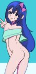 1girl 1girls absurd_res absurd_resolution absurdres adorable aqua_background arm_up artist_name ass ass_focus aubrey_(omori) bare_shoulders blue_background blue_eyes blue_hair blush_stickers bottomless bow clothes_lift commission completely_naked cute dark_blue_hair feet_out_of_frame female female_focus female_human female_only female_solo from_behind gluteal_fold grin hair_between_eyes hair_bow high_res high_resolution highres lifting_own_clothes long_hair naked navel nipples nude omori peace_sign petite pink_bow pussy shirt_lift sidelocks smile smiling sole_female standing thighs uncensored v