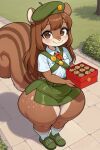  1girl 1girl ai_generated anthro anthro_female anthro_focus anthro_only beret bottom_heavy bottom_heavy_female breedable breedable_hips brown_eyes brown_fur brown_hair cookie cookie_box cookies cub cub_female fat_thighs female_anthro female_cub female_focus female_only flat_chested fuckable furry furry_female furry_only girl_scout grin high-angle_view huge_thighs large_thighs long_hair looking_at_viewer outside plappable shirt shoes skirt slim_waist small_breasts small_breasts smile socks solo_anthro solo_female solo_focus squirrel squirrel_ears squirrel_girl squirrel_tail tagme thick_thighs wide_hips young young_anthro young_female 
