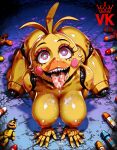 1girl after_fellatio ai_generated all_fours animatronic animatronic_female anthro anthro_female beak big_areola big_breasts cum_in_mouth cum_on_breasts cum_on_tongue edited_ai five_nights_at_freddy's five_nights_at_freddy's_2 glowing_eyes glowing_pupils hanging_breasts horror long_eyelashes looking_up_at_viewer orange_nipples sharp_teeth tongue_out toy_chica_(fnaf) vilekaizer