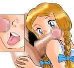 becky_thatcher blue_dress blue_eyes blush clothed_female clothed_female_nude_male dripping eyelashes freckles long_hair lower_body nightgown nude_male orange_hair out_of_frame parted_hair penis precum pubic_hair simple_background sleeveless tom_sawyer_no_boken tongue tongue_out twin_braids upper_body upper_teeth_only white_background white_dress world_masterpiece_theater