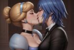  2_girls alternate_costume aqua_(kingdom_hearts) black_bow black_bowtie black_choker black_jacket black_suit blonde_female blonde_hair blue_dress blue_earrings blue_hair blush bopitphy bow bowtie breast_press breasts choker cinderella cinderella_(1950_film) cleavage closed_eyes collarbone couple crossover disney disney_princess dress duo earrings eyeshadow female/female female_only hair_bun hair_ornament hairband indoors jacket jewelry kingdom_hearts kissing light-skinned_female light_skin lips love makeup medium_breasts multiple_girls mutual_yuri neck necklace princess princess_cinderella romantic romantic_couple short_hair square_enix suit tied_hair tuxedo upper_body yuri 