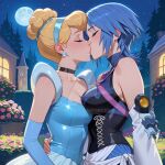  2_girls aqua_(kingdom_hearts) arm_at_side bare_shoulders big_breasts black_choker blonde_female blonde_hair blue_dress blue_hair blush bopitphy breast_press breasts building choker cinderella cinderella_(1950_film) cleavage closed_eyes collarbone couple crossover disney disney_princess dress duo earrings eyebrows_visible_through_hair female/female female_only flower full_moon garden hair_bun hair_ornament hairband hand_on_another's_hip jewelry kingdom_hearts kissing light-skinned_female light_skin lips lipstick love makeup medium_breasts moon multiple_girls mutual_yuri neck night night_sky outside pearl pearl_earrings pink_flower pink_lipstick princess princess_cinderella romantic romantic_couple short_hair sky sleeveless sleeveless_dress sleeveless_turtleneck square_enix star starry_sky tied_hair tree turtleneck yuri 