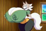 1girl ai_generated fully_clothed hyper_breasts lactation_through_clothes lycanroc midday_lycanroc