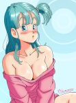  1girl 1girl 1girls areola_slip artist_name artist_request big_breasts blue_background blue_eyes blue_hair blush blush blush_lines bottomless breasts bulma bulma_(dragon_ball) bulma_brief bulma_brief butterfly_sitting cleavage collarbone creative_signature dragon_ball dragon_ball_(classic) feet_out_of_frame female_only gradient_background hair_over_shoulder hair_ribbon light-skinned_female light_skin looking_at_viewer loose_hair_strand navel nipple_slip nurunyo pajama_shirt pajamas parted_hair parted_lips pinup ponytail side_ponytail sidelocks signature sleepwear sweat sweatdrop sweating teenage_bulma undressing 