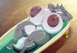1girl ai_generated bath bathing bathtub hyper_breasts lyra_(wolf_2012) on_back water wolf