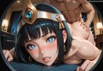 +_+ 1boy 1girl 1girl abs ai_generated ass ass_grab bangs bed biting_own_lip black_hair blue_eyes blunt_bangs blush breast_press breasts circlet completely_nude doggy_position drooling earrings egyptian groping headpiece heart-shaped_pupils hetero hoop_earrings indoors jewelry jousneystudio lamp lips looking_at_viewer lying male medium_hair menace muscular muscular_male nude on_bed on_stomach parted_lips penis prone_bone pubic_hair queen's_blade saliva sex sex_from_behind short_hair solo_focus star-shaped_pupils symbol-shaped_pupils taken_from_behind teeth tiara