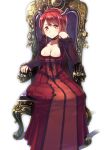 1girl argyle breasts choker cleavage dress fake_horns long_hair maou_(maoyuu) maoyuu_maou_yuusha md5_mismatch red_dress red_eyes red_hair sitting smile solo throne umeboshitora white_background