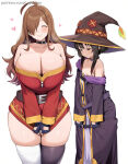  2_girls ai_generated angry_expression bare_thighs black_hair blush brown_hair closed_eyes gigantic_breasts hair_over_one_eye huge_breasts huge_thighs kono_subarashii_sekai_ni_shukufuku_wo! light-skinned_female light_skin long_hair massive_breasts mature_female megumin milf red_eyes short_hair small_breasts smile squatting suyachan sweat sweatdrop thick_body thick_female thick_thighs thighs voluptuous voluptuous_female witch_hat wiz_(konosuba) 