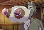 1girl ai_generated furry furry_female hyper_breasts lyra_(wolf_2012) nipples nude pumping sex_toy wolf