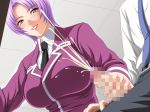 big_breasts breasts censored cum cum_explosion ejaculation handjob large_breasts necktie noriheita penis purple_hair saikyou_chijo_kamitsukasa_reiko_zenpen short_hair smile yellow_eyes