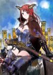  1girl alternate_costume antique_firearm armor army banner breasts cape cleavage cosplay fake_horns firelock flag gauntlets gun horns horse maou_(maoyuu) maoyuu_maou_yuusha matchlock musket namesake nobori oda_nobunaga official_art red_eyes red_hair saddle sengoku_taisen sitting stockings sweatdrop thighhighs toi8 weapon zettai_ryouiki 