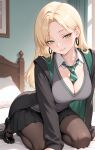 1girl ai_generated bedroom big_breasts black_pantyhose black_shoes black_skirt blonde_hair blush breasts cleavage clothed clothed_female detached_collar draco_malfoy draco_malfoy_(redteneri) earrings female_only golddragonai green_eyes green_necktie harry_potter in_bed long_hair neck_tie necktie_between_breasts pantyhose robe school_uniform shoes skirt smile solo_female