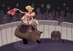  audience black_background blonde_hair blue_eyes blue_skirt blush bouncing_breasts breasts bursting_breasts cowboy_hat cum deebo dildo dildo_in_pussy erect_nipples exhibitionism freckles freckles_on_face hairband holding_hat huge_breasts jumping mechanical_bull midriff miniskirt navel nipples object_insertion pink_boots pleasure_face pussy pussy_juice riding riding_dildo short_hair tied_shirt two-tone_boots upper_teeth_only vaginal white_boots 