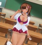  ahegao before_sex bra breasts chalkboard classroom condom condom_wrapper dark-skinned_female female_only gal gyaru imminent_sex looking_at_viewer looking_pleasured panties saliva school school_desk solo_female tongue_out underwear v v_over_eye 