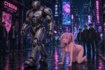 ai_generated collar crawling degradation domination/submission glowing_eyes human_on_robot humiliation leash looking_at_another nude_female on_knees on_knees_(female) pet_play petplay pink_eyes pink_hair ponytail public robot robot_humanoid smile