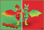 anthro banjo-kazooie big_ass claws dragon dragon_girl dragon_tail eyelashes from_behind green_background green_eyes green_scales kazooie looking_at_viewer looking_back nsfy nude nude_anthro nude_female rare rareware red_background red_eyes red_feathers scales tail two-tone_feathers yellow_feathers