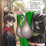  1boy 1girl ai_generated angry_expression bare_thighs black_hair blonde_hair blush draco_malfoy draco_malfoy_(redteneri) embarrassed genderswap genderswap_(mtf) gigantic_breasts glasses green_eyes hachimides harry_james_potter harry_potter hogwarts_school_uniform huge_breasts huge_thighs light-skinned_female light_skin long_hair massive_breasts thick_body thick_female thick_thighs thighs voluptuous voluptuous_female 