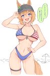  1girl 1girl :d american_flag american_flag_bikini american_flag_print bikini black_hat blue_eyes commentary_request cropped_legs flag_print flag_print_bikini hat high_res himura_anzu horse_girl looking_at_viewer open_mouth orange_hair print_bikini simple_background smile speech_bubble standing swimsuit taiki_shuttle_(umamusume) translation_request umamusume umamusume_pretty_derby white_background 