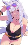  1girl absurd_res animal_ears big_breasts black_one-piece_swimsuit blunt_bangs breasts casual_one-piece_swimsuit cleavage collarbone commentary english_commentary eyewear_on_head gold_ship_(umamusume) high_res horse_ears horse_girl horse_tail nek00nyx8 official_alternate_costume one-piece_swimsuit pink_eyes purple-tinted_eyewear simple_background sitting smile sunglasses swimsuit tail thighs tinted_eyewear umamusume umamusume_pretty_derby wet white_background yellow-framed_eyewear 