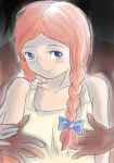  becky_thatcher blue_eyes blush blush_stickers closed_eyes collarbone eyelashes freckles grabbing_another's_breast hair_over_shoulder hair_ribbon holding_own_hand long_hair looking_at_viewer nightgown orange_hair out_of_frame parted_hair sleeveless smile tom_sawyer_no_boken tongue tongue_out twin_braids upper_body white_dress world_masterpiece_theater 