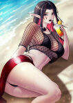  1girl beach big_breasts bikini black_eyes black_hair bubble_butt cleavage fishnet fishnets horny inviting_to_sex laying laying_down looking_at_viewer pose red_hair swimsuit teasing thick_thighs valenvenge 