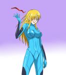 1girl blonde_hair blue_eyes bodysuit breasts cameltoe hair_down hair_over_one_eye latex metroid nintendo samus_aran solo standing zero_suit