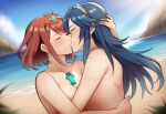  2_girls asymmetrical_docking back beach blue_hair blurry blurry_background blush bopitphy breast_press breasts chest_jewel cleavage cliff closed_eyes cloud collarbone completely_nude completely_nude_female couple day depth_of_field duo dutch_angle earrings eyebrows_visible_through_hair female/female female_only fire_emblem fire_emblem_awakening floating_hair gold_hairband gold_jewelry hair_between_eyes hair_ornament hairband hand_up headpiece hugging jewelry kissing light-skinned_female light_skin long_hair love lucina lucina_(fire_emblem) medium_breasts mountain multiple_girls mutual_yuri nail_polish neck nintendo nude nude_female ocean outdoor_nudity outside pink_nails plant pyra_(xenoblade) red_hair romantic romantic_couple sand short_hair sky small_breasts straight_hair super_smash_bros. upper_body water waves xenoblade_(series) xenoblade_chronicles_2 yellow_hairband yuri 