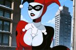  1girl adapted_costume arched_back arms_at_sides ass batman:_the_animated_series batman_(series) big_ass big_breasts black_bodysuit black_lipstick black_mask blue_eyes bodysuit breasts building city cleavage cleavage_cutout clothing_cutout cloud clown_girl day dc_comics domino_mask expressionless female_only female_solo half-closed_eyes harleen_quinzel harley_quinn harley_quinn_(classic) hat headwear jester_cap jester_hat lips lipstick looking_at_viewer makeup mask multicolored_bodysuit multicolored_clothes outside parted_lips red_bodysuit red_lipstick skin_tight sky supervillainess two-tone_bodysuit upper_body villainess white_skin xalphafox xalphafox_(artist) 