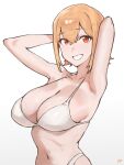  1girl aizawa_kanna armpits arms_up bad_anatomy big_breasts bikini blonde_hair breasts fukuya_art hair_between_eyes high_res hima-ten! navel red_eyes simple_background smile swimsuit white_background 