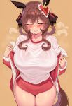 1girl ai_generated animal_ears big_breasts blush breasts brown_hair closed_eyes clothed clothed_female collarbone curvaceous curvy curvy_female curvy_figure gentildonna_(umamusume) hair_ornament horse_ears horse_girl horse_tail huge_breasts light-skinned_female light_skin sirakomasumosu smile standing steam steamy_breath sweat sweatdrop sweating tail thick_thighs thighs umamusume umamusume_pretty_derby undressing voluptuous voluptuous_body voluptuous_female