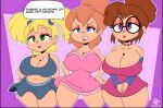  3girls absurd_res alvin_and_the_chipmunks alvin_and_the_chipmunks_(1983) angry bagdasarian_productions big_breasts blonde_hair blue_eyes bottomwear breasts brittany_miller brown_hair chipettes chipmunk cleavage clothed clothes collarbone crop_top cropped_legs cuadra_side curvaceous curvy curvy_body curvy_female curvy_figure curvy_hips derivative_work dialogue dress eleanor_miller english_text eyelashes eyeshadow eyewear female_focus fully_clothed furry glasses green_eyes ground_squirrel group hair hands_on_hips high_res huge_breasts jeanette_miller jewelry lips lipstick makeup miniskirt multiple_girls necklace orange_hair plump ponytail purple_eyes redraw rodent scene_reference sciurid screencap_redraw screenshot_redraw shirt short_dress short_twintails skirt speech_bubble squirrel standing the_chipettes tied_hair topwear trio twin_tails voluptuous_female white_body white_skin wide_hips 