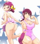 2girls apron ass big_breasts breasts hair hoshizora_ikuyo hoshizora_miyuki mother_and_daughter multiple_girls naked_apron pink_eyes pink_hair precure smile_precure! tof