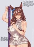  1girl absurd_res animal_ears bare_shoulders big_breasts braid breasts brown_hair closed_eyes condom condom_wrapper english_text hair_ribbon high_res horse_ears horse_girl horse_tail long_hair multiple_condoms pointing ribbon romulproduce sideboob single_braid smile super_creek_(umamusume) tail thighs too_many umamusume umamusume_pretty_derby virgin_killer_sweater 
