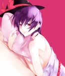 1girl bed_sheet breasts hat high_res kurokuro looking_at_viewer lying nagae_iku nude pillow pillow_hug purple_hair red_eyes short_hair smile solo sweat touhou