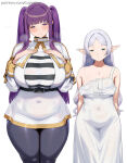  2_girls ai_generated bare_thighs blush elf elf_ears elf_female fern_(sousou_no_frieren) frieren gigantic_breasts green_eyes huge_breasts huge_thighs light-skinned_female light_skin long_hair looking_at_viewer massive_breasts pantyhose purple_eyes purple_hair small_breasts smile sousou_no_frieren squatting suyachan sweat sweatdrop thick_body thick_female thick_thighs thighs voluptuous voluptuous_female white_hair 