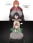  1boy 2026 2_girls 2d absurd_res black_hair blonde_hair blush closed_eyes draco_malfoy draco_malfoy_(redteneri) embarrassed genderswap genderswap_(mtf) gigantic_breasts glasses green_eyes harry_james_potter harry_potter high_res hogwarts_school_uniform huge_breasts light-skinned_female light_skin long_hair massive_breasts orange_hair ron_weasley smile squatting sweat sweatdrop voluptuous voluptuous_female xin_kai 