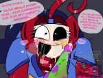 1female 1girl 1nonbinary after_oral blush bow cum cum_drip cum_in_mouth cum_on_clothes cum_on_face cum_on_penis dialogue eyelashes fast_food_uniform gangle_(the_amazing_digital_circus) penis penis red_skin semen semen_on_body sweatdrop tail text the_amazing_digital_circus veiny_penis zooble_(the_amazing_digital_circus)