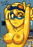  1boy 1girl armpits arms_behind_head arms_up bag bag_over_head big_breasts blonde_female blonde_hair blue_mask breasts breasts_apart cartoon_network closed_mouth clothed clothed_male clothed_male_nude_female completely_nude completely_nude_female domino_mask dr._flug embarrassed expressionless eyebrows_visible_through_hair eyes_visible_through_hair g-lo_(villainous) gloves goggles goggles_on_head hands_up heroine hetero indoors lab_coat labcoat looking_at_another looking_at_viewer mask medium_breasts nipples nude nude_female orange_eyes orange_goggles ponytail robert_rose_(philelmago) short_hair shy slime slime_girl standing sunglasses superheroine supervillain tied_hair upper_body villain villainous yellow_gloves yellow_skin 