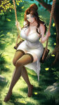  1girl big_breasts blue_eyes brown_hair bubble_butt cleavage horny inviting_to_sex looking_at_viewer pose sitting stockings teasing thick_thighs valenvenge 