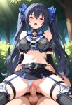 1boy 1girls ai_generated bare_shoulders belt big_breasts black_hair black_skirt blue_bow blue_garter_straps blue_ribbons blush bow breasts bushes clothed_female clothed_female_nude_male clothing crop_top detached_sleeves garter_straps grey_belt hair_ribbons hands_on_hips leggings legs_spread long_hair midriff moaning naked_male neptunia_(series) noire_(hyperdimension_neptunia) noire_(ultradimension)_(neptunia) nude nude nude_male outside panties panties_aside penis_in_pussy red_eyes reverse_cowgirl_position ribbons sex skirt testicle thigh_straps twin_tails vaginal_penetration white_panties