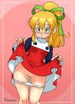 1girl android artist_name artist_request black_sleeves blonde_hair bowing capelet curtsey dress dress_lift eyelashes feet_out_of_frame green_eyes green_ribbon hair_between_eyes hair_ribbon high_ponytail holding_own_dress lineart long_hair long_sleeves looking_at_viewer mega_man_(classic) mega_man_(series) mosaic_censoring nurunyo panties panties_down parted_lips petticoat ponytail pussy pussy_juice raised_eyebrows red_dress ribbon roll_(mega_man) roll_(rockman) short_dress sidelocks sweat sweatdrop thick_eyebrows turtleneck white_background white_capelet white_panties wide_hips wide_sleeves
