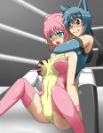 1boy 2_girls 2girls animal_ears anthrofied aqua_eyes asphyxiation audino big_breasts blue_hair blush breast_grab breasts choke_hold choking defeated empty_eyes fighting grabbing groping hairband humanized large_breasts lucario multiple_girls navel open_mouth pain pink_hair pokemon red_eyes ryona spread_legs submission sweat tears unconscious uujiteki-33 wrestling wrestling_outfit wrestling_ring