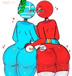  1girl 2_girls 2boys arguing artist_name artist_signature ass big_ass big_breasts blue_eyes blue_skin blush breasts christian countryballs countryhumans countryhumans_girl cyprus_(countryhumans) greece_(countryhumans) green_eyes head_on_ass heart heart-shaped_pupils huge_ass huge_breasts kak0yt0_chel leaf_crown male muslim northern_cyprus_(countryhumans) nude nude_female red_skin sweatdrop tagme turkey_(countryhumans) white_socks 