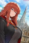  ai_generated blue_eyes blush genderswap genderswap_(mtf) gigantic_breasts harry_potter hogwarts_school_uniform huge_breasts light-skinned_female light_skin long_hair looking_at_viewer massive_breasts red_hair ron_weasley smile solo_female squatting sweat sweatdrop thick_body thick_female voluptuous voluptuous_female 