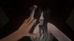 3d big_breasts black_hair blood blood_on_weapon breasts_apart character_request cleavage clenched_teeth collarbone copyright_name copyright_request dress evil_smile ghost ghost_girl hair_over_breasts hair_over_eyes hair_over_shoulder halls_of_the_pale_widow holding_knife horror human knife krasue_games long_hair looking_at_viewer nightgown official_art pale-skinned_female pale_skin pov retro_artstyle rnrn3d screenshot sideboob sleeveless terror the_pale_widow upper_body video_games white_dress