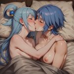  2_girls aqua_(kingdom_hearts) aqua_(konosuba) arm_at_side bed blue_hair blush bopitphy breast_press breasts closed_eyes collarbone completely_nude completely_nude_female couple crossover duo eyebrows_visible_through_hair female/female female_only from_above hair_between_eyes hair_rings hand_on_another's_shoulder kingdom_hearts kissing kono_subarashii_sekai_ni_shukufuku_wo! lesbian_sex light-skinned_female light_blue_hair light_skin lips lipstick long_hair love lying lying_on_bed makeup medium_breasts multiple_girls mutual_yuri neck nipples nude nude_female on_bed pillow pink_lipstick romantic romantic_couple sex short_hair square_enix straight_hair under_covers yuri 